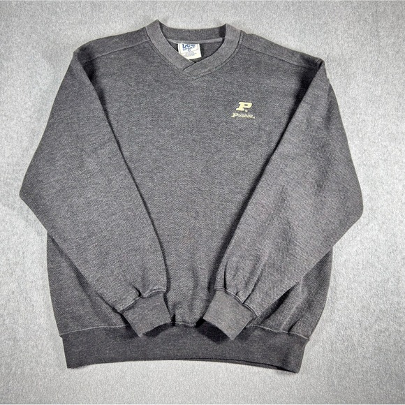 Vintage Purdue University Sweater Med Gray Long Sleeve‎ V-Neck Knit Embroidered